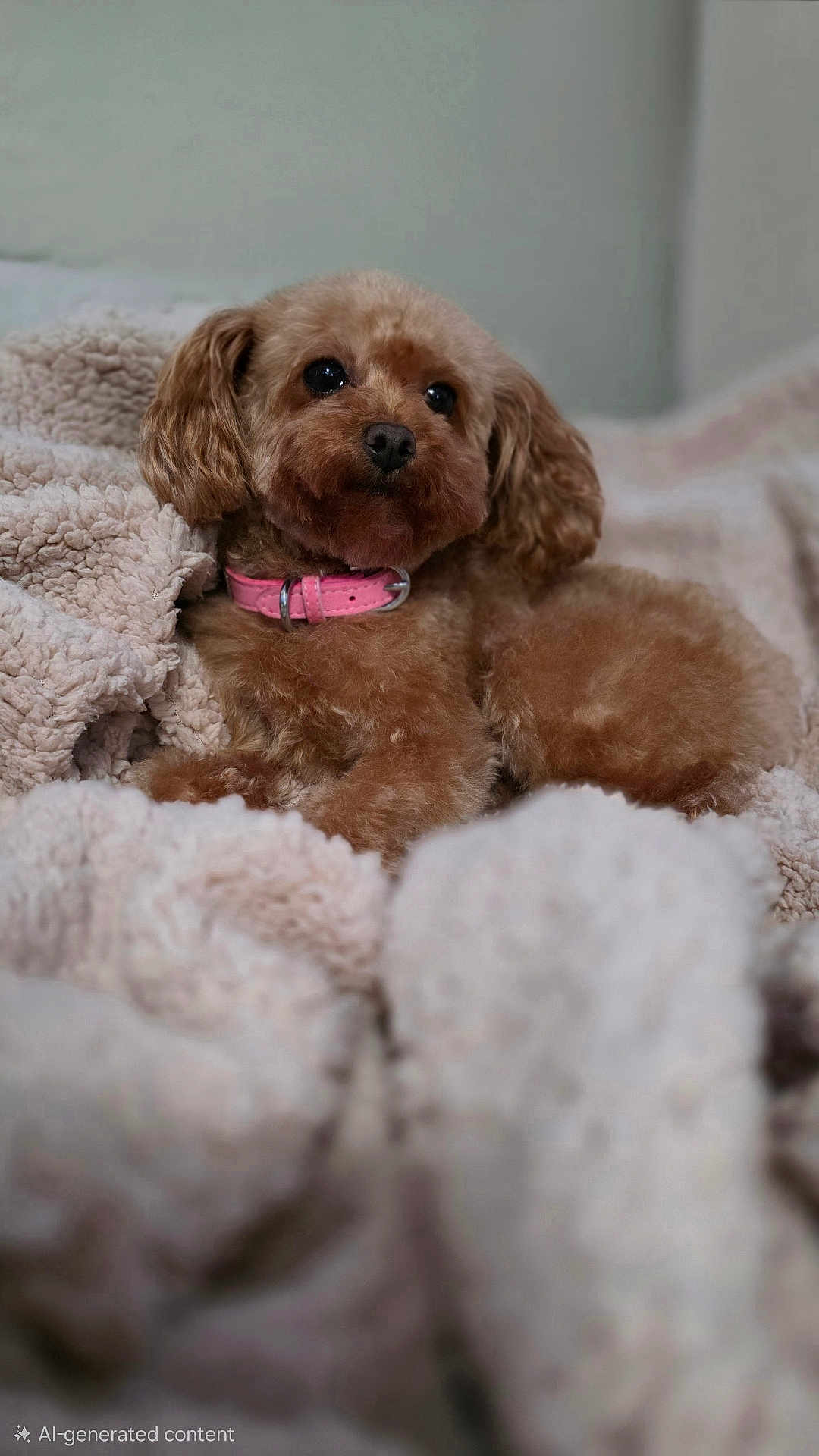 Annie is registered to the contest to win money with this photo: dog, brown_dog, pet, collar, pink_collar, blanket, cozy, fur, cute, animal, domestic_animal, resting, indoor, soft_texture, relaxed, companion, small_dog, fluffy, portrait, furry
