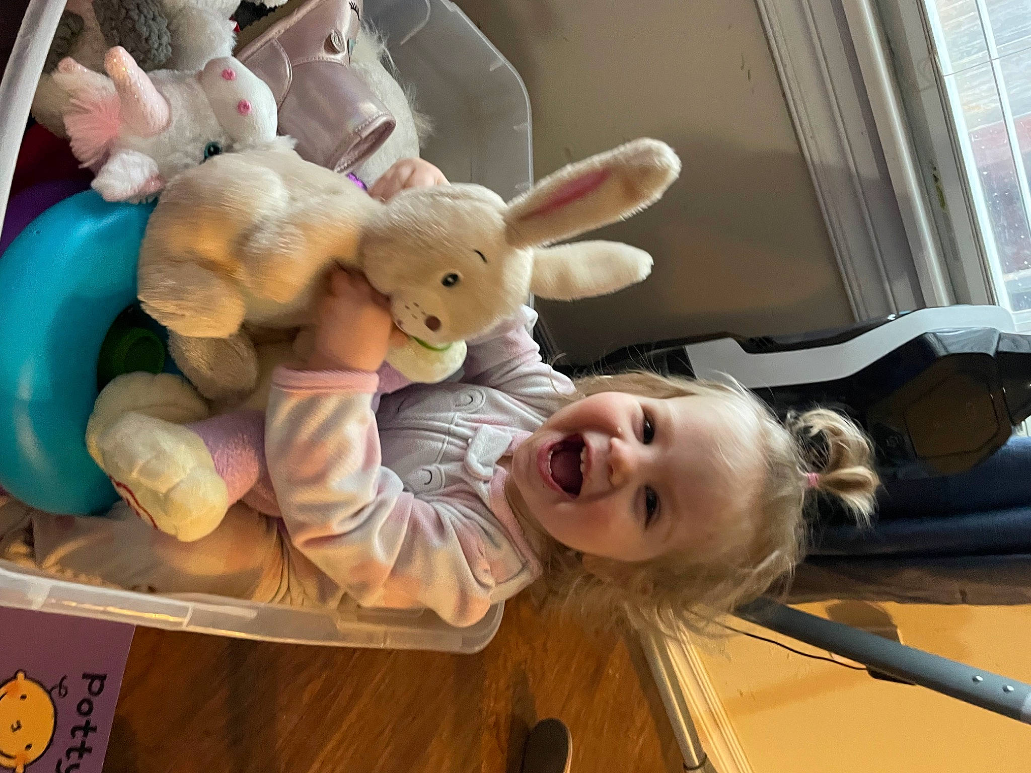 Abigail joined the competition — help win amazing prizes! automotive_exterior, baby_products, child, fawn, flooring, fun, happy, hood, leisure, luxury_vehicle, person, plush, rabbit, room, smile, stuffed_toy, toddler, toy, vehicle_door, window