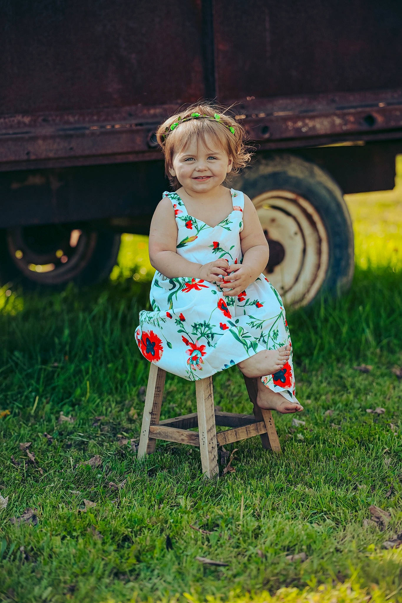 Clarissa joined the competition — help win amazing prizes! automotive_tire, child, dress, fun, grass, grass_family, happy, head, human_body, joy, leisure, meadow, natural_environment, people_in_nature, person, plant, recreation, sandal, smile, tire