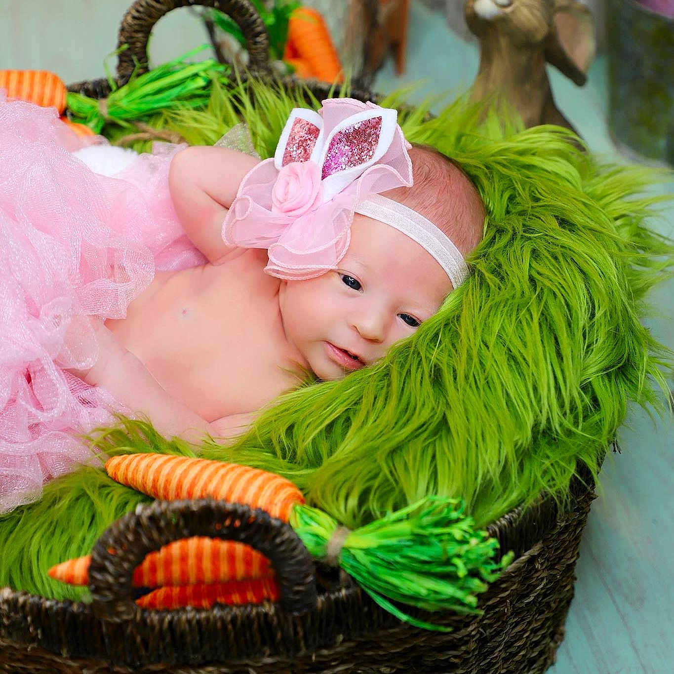Renley is registered to the contest to win money with this photo: baby, basket, child, costume, easter, easter_bunny, flower_girl_basket, headgear, person, photography, pink, toddler, wicker