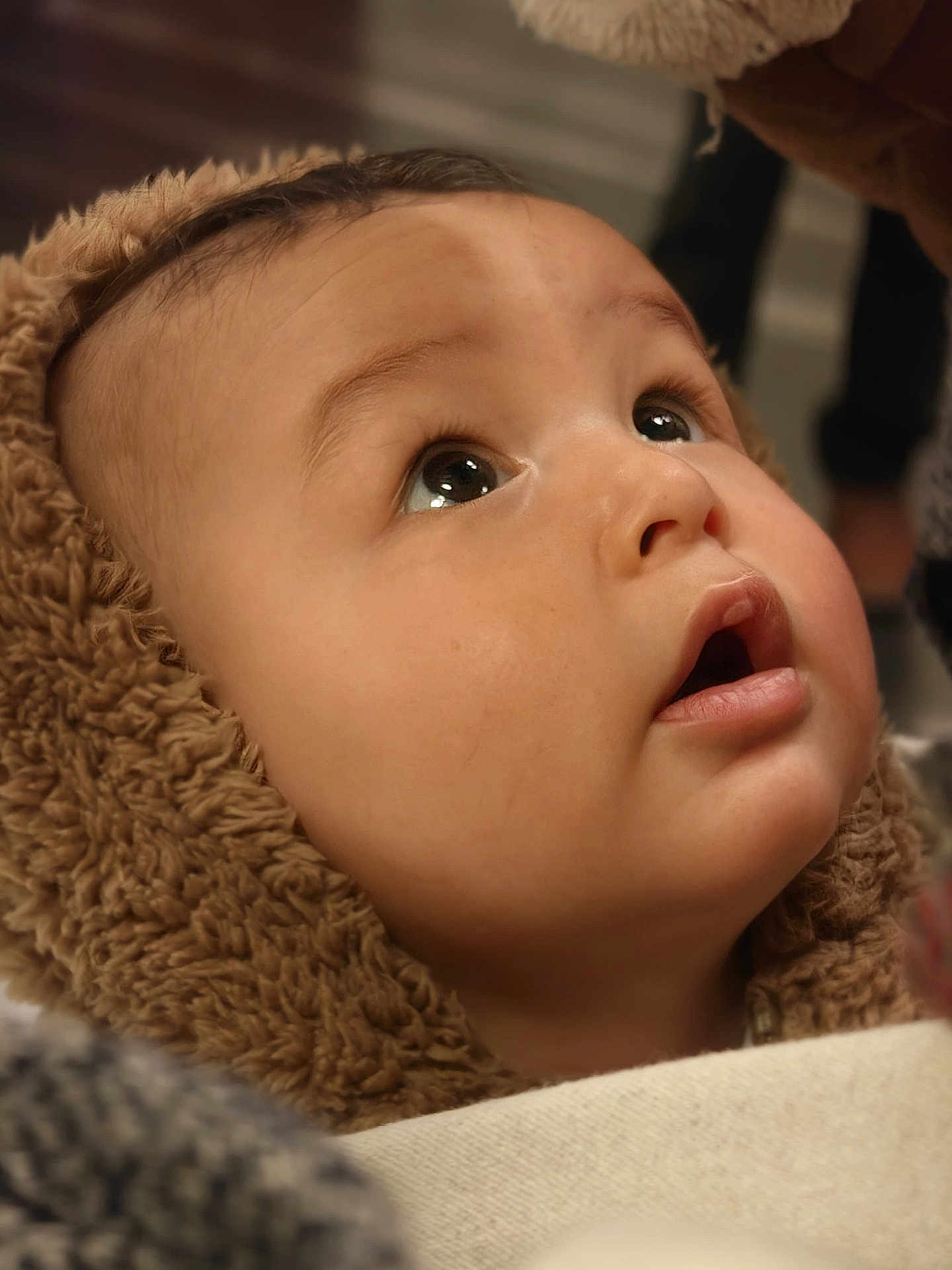 Baptiste participe au concours pour gagner de l'argent avec cette photo : baby, close_up, face, child, hood, fuzzy, curious, eyes, lips, skin, expression, portrait, warm, soft, indoor, cute, infant, young, looking_up, adorable