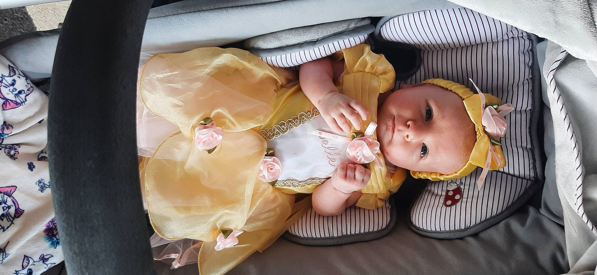 Livia a rejoint le concours — aidez-le/la à gagner de superbes lots ! baby, baby_carriage, baby_products, baby_sleeping, baby_toddler_clothing, child, comfort, fashion_accessory, pattern, peach, person, rose, sitting, toddler