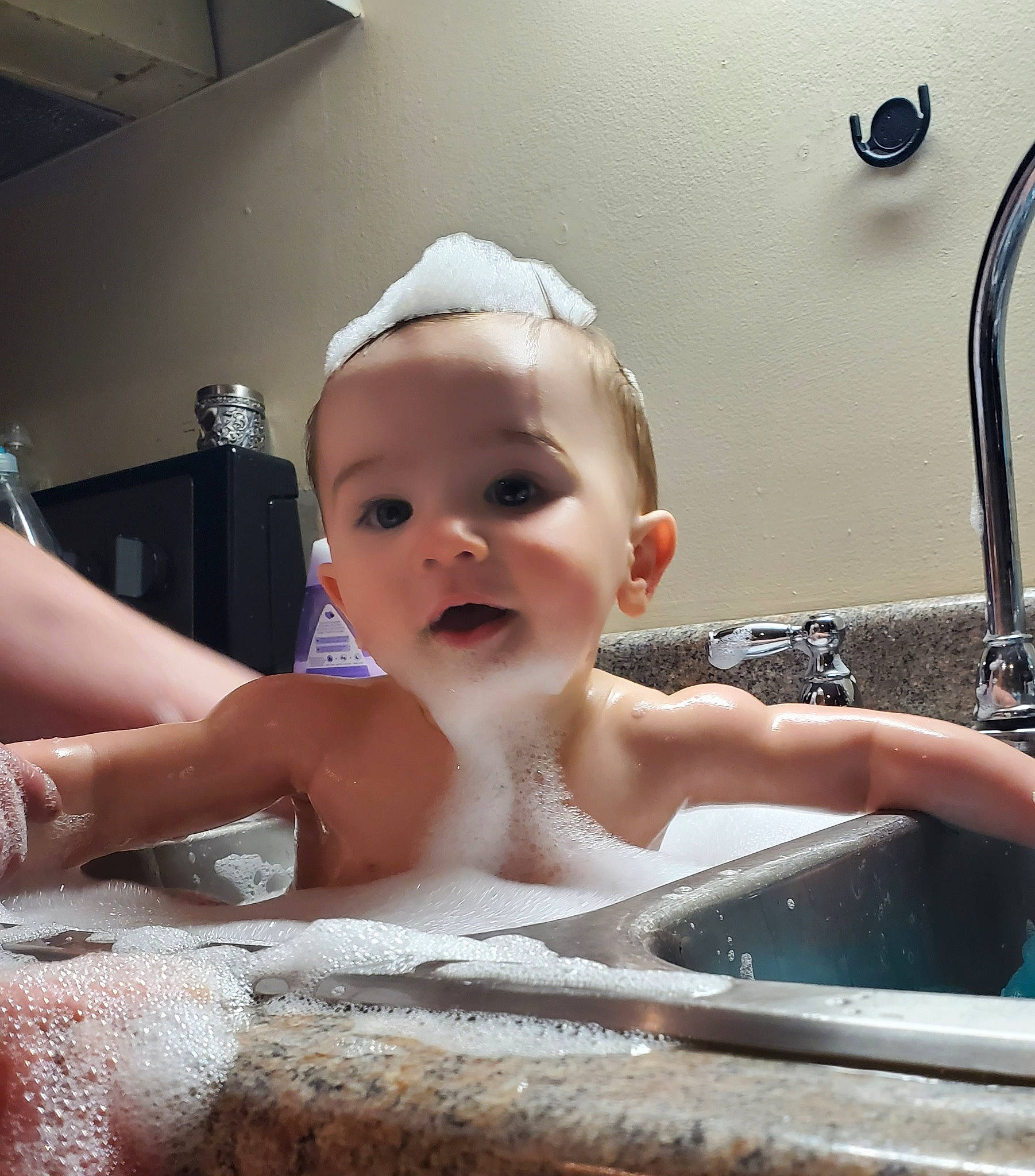 Ara joined the competition — help win amazing prizes! baby, baby_bathing, bathing, bathroom, bathtub, chest, eyebrow, eyelash, face, fluid, hand, happy, human_body, leisure, person, plumbing, plumbing_fixture, skin, tap, toddler