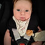 Emma participe au concours pour gagner de l'argent avec cette photo : baby, infant, car_seat, seatbelt, bib, clothing, face, child, person, cute, eyes, hand, soft_toy, black_background, closeup, portrait, baby_girl, expression, comfort, safety