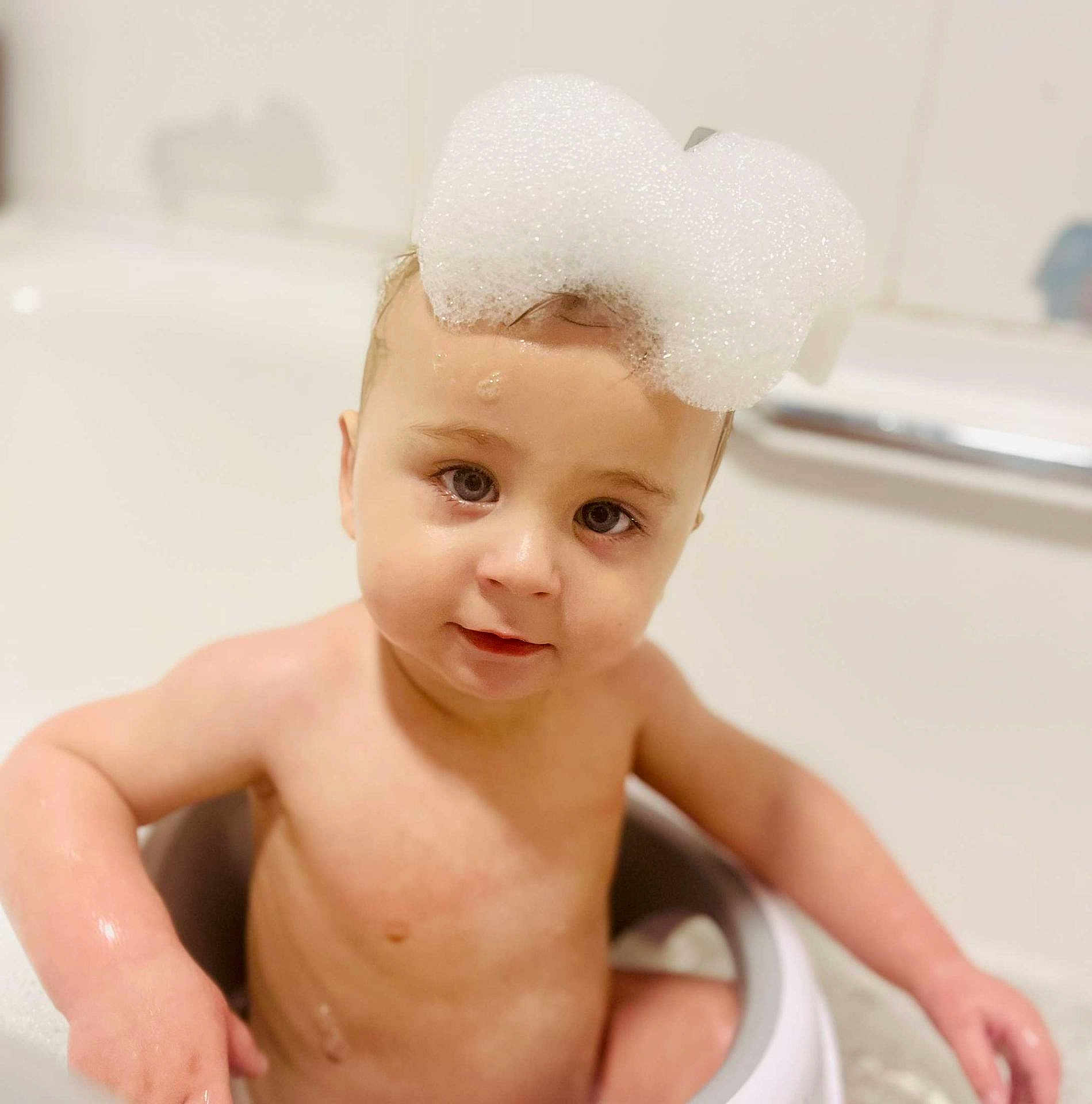 Sonny joined the competition — help win amazing prizes! toddler, baby, bath, bubbles, water, child, cute, skin, wet, head, foam, bathtub, playful, indoors, portrait, person, young, sitting, expression, fun