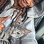 Fury is registered to the contest to win money with this photo: car_interior, cat, close_up, cozy, cuddling, dreadlocks, gray_tabby, hoodie, kitten, lap_pet, nose_ring, person, portrait, relaxed, seatbelt, smile, thumb_up, travel, whiskers, wink