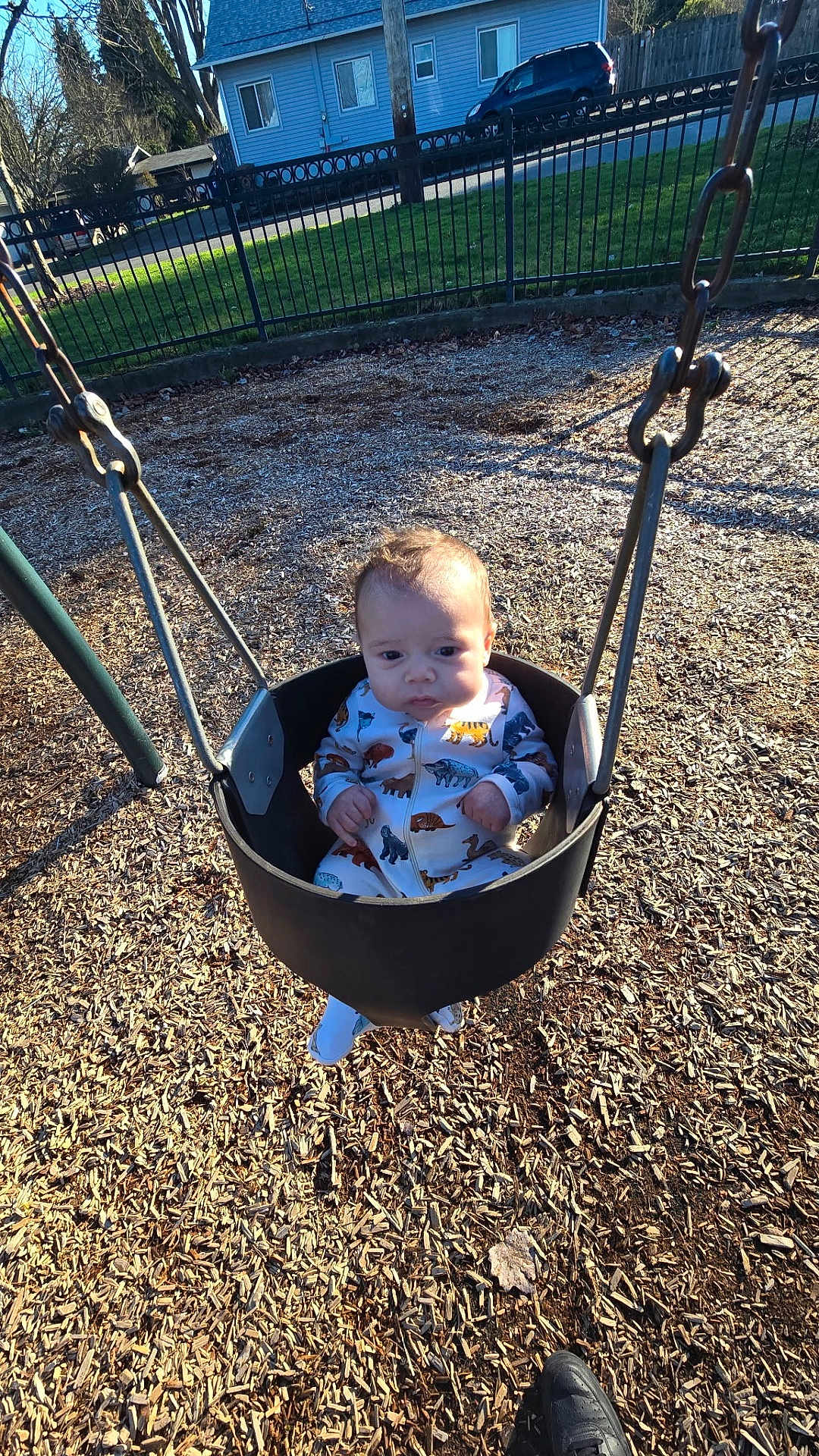 Lucius is registered to the contest to win money with this photo: baby, infant, swing, playground, bucket_seat, onesie, animal_print, wood_chips, chain, seat, park, fence, house, car, sunlight, shadow, portrait, outdoors, shoe, expression