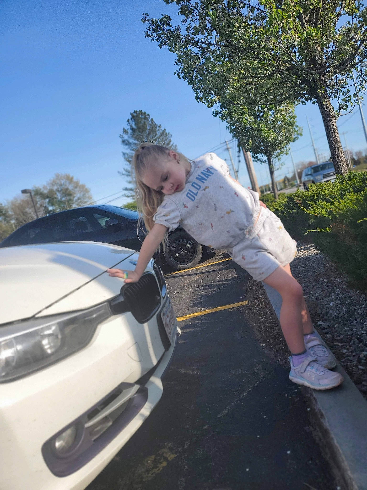 Annmarie is registered to the contest to win money with this photo: alloy_wheel, asphalt, automotive_design, automotive_exterior, automotive_lighting, automotive_tire, bumper, car, grille, headlamp, hood, motor_vehicle, person, personal_luxury_car, plant, rim, shorts, sky, tree, vehicle