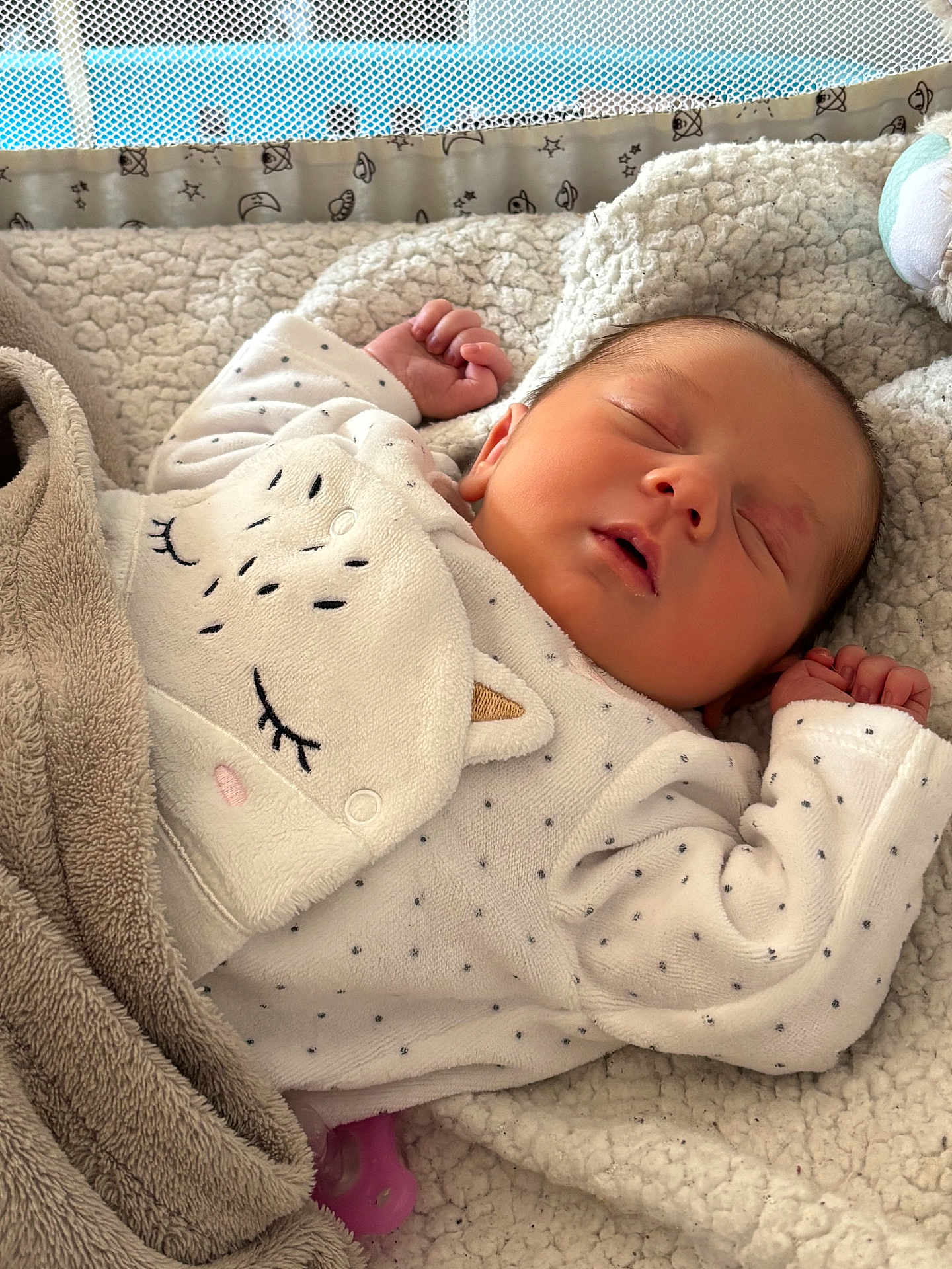 Laureline a rejoint le concours — aidez-le/la à gagner de superbes lots ! baby, newborn, infant, sleeping_baby, onesie, cat_design, blanket, bedding, soft_texture, pacifier, crib_mesh, hand, closed_eyes, peaceful, cozy, cute, portrait, indoor, plush_toy, nap