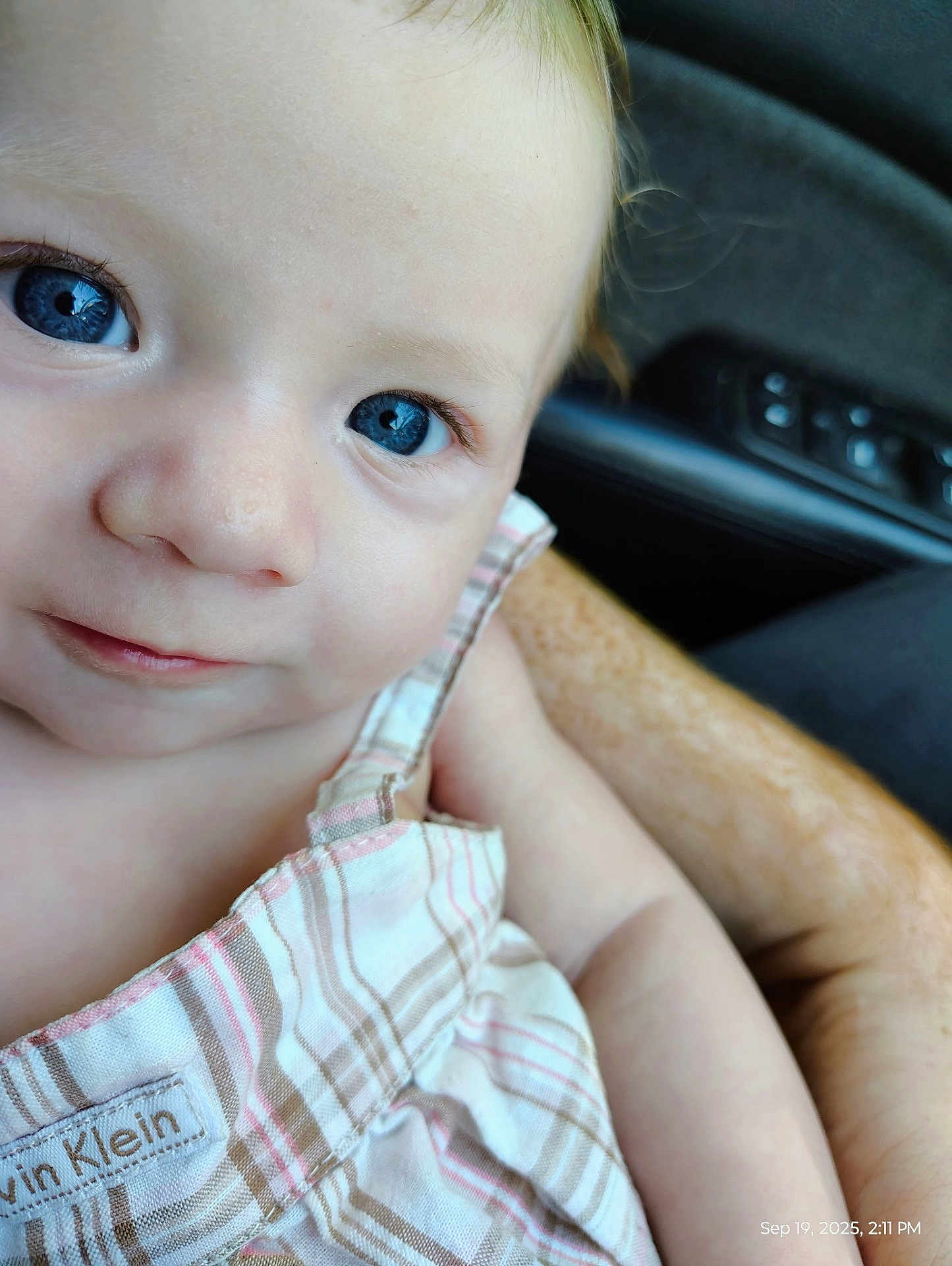 Tellisa joined the competition — help win amazing prizes! baby, child, blue_eyes, close_up, calvin_klein, striped_clothing, infant, person, skin, arm, freckles, holding, cute, portrait, human, face, eyelashes, smile, soft_light, indoor