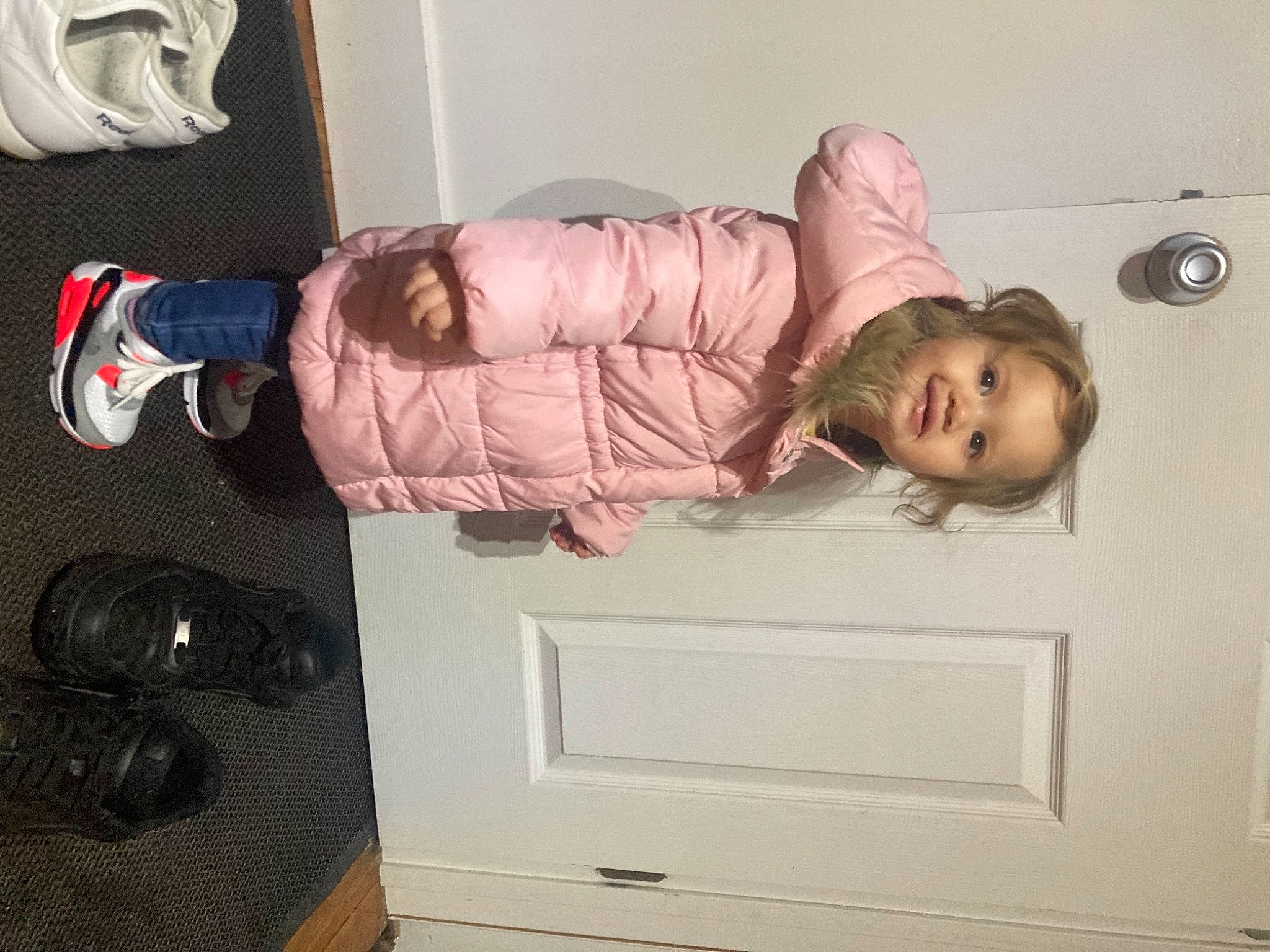 Amoura joined the competition — help win amazing prizes! carmine, child, comfort, door, fun, happy, human_leg, outdoor_shoe, person, product, room, smile, standing, toddler, walking_shoe