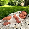 baby, infant, blanket, sheep_pattern, grass, outdoor, nature, smile, white_clothing, cute, child, park, tree, greenery, sunlight, relaxing, happy, soft_texture, toddler, summer