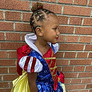 Lou-naya participe au concours pour gagner de l'argent avec cette photo : child, princess_costume, braided_hair, hearing_aid, brick_wall, profile_view, red_lipstick, yellow_skirt, blue_bodice, white_puffed_sleeves, red_bow, outdoor, portrait, smiling, young_girl, costume, dress_up, fashion, person, side_view