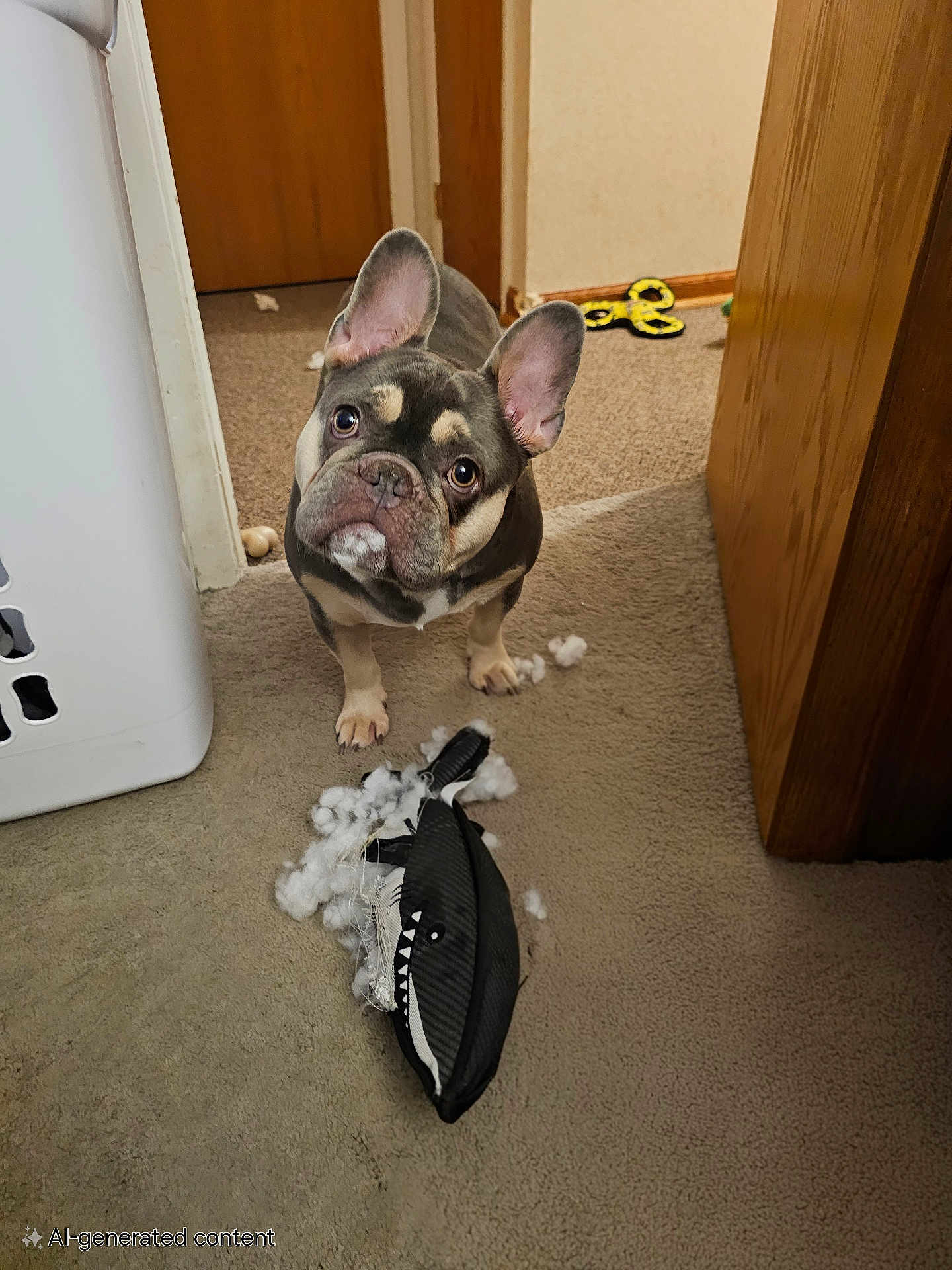 Lokee joined the competition — help win amazing prizes! dog, french_bulldog, toy, stuffed_animal, carpet, indoor, pet, chewed_toy, destruction, animal, ears, looking_up, curious, mischievous, home, doorway, laundry_basket, soft_toy, fluffy, playful