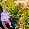 baby, child, infant, parent, adult, garden, flowers, orange_flowers, outdoor, nature, sitting, holding, portrait, smiling, pink_dress, clothing, sunlight, plants, rocks, family