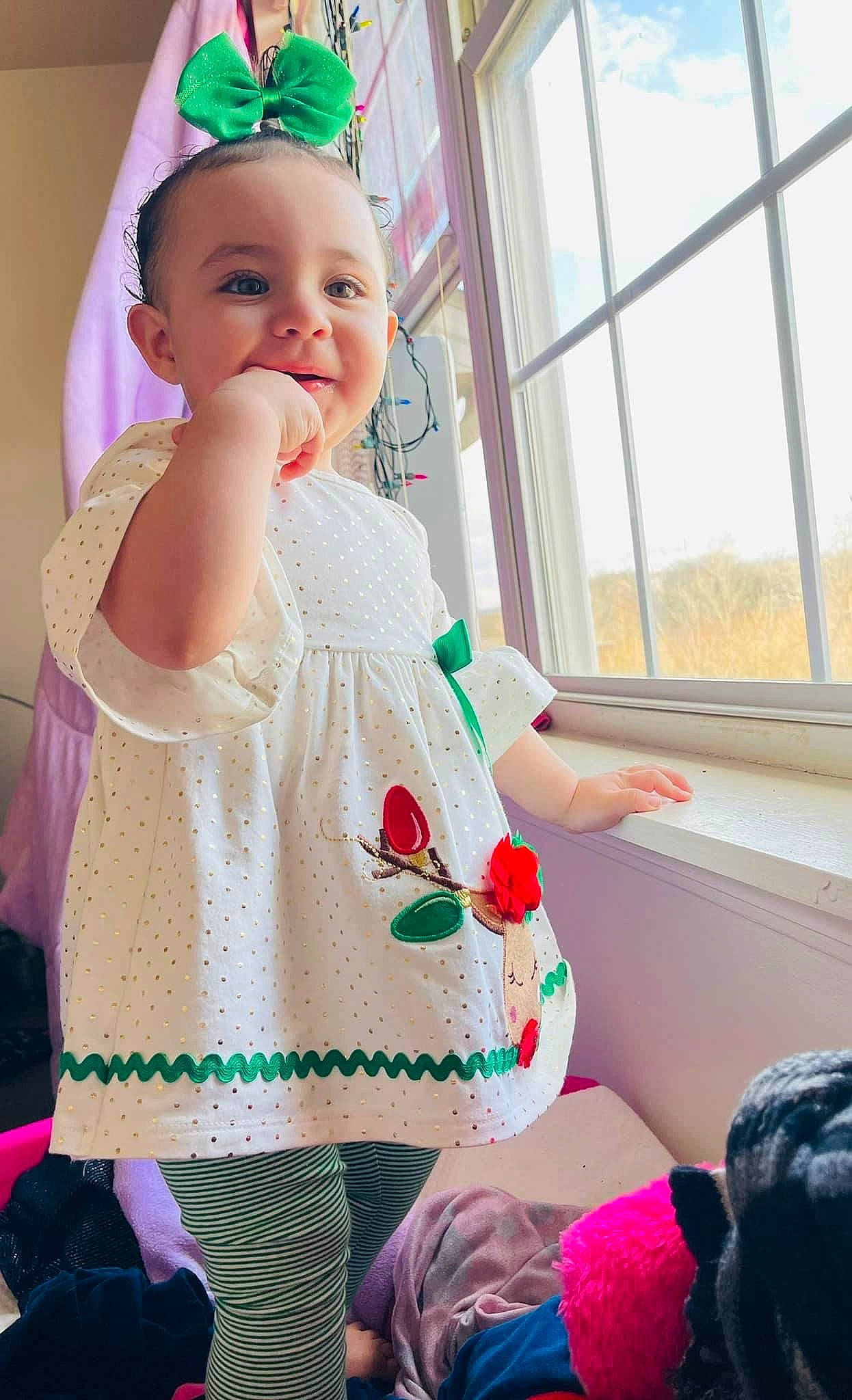 Everleigh joined the competition — help win amazing prizes! baby, baby_toddler_clothing, cap, child, costume_hat, dress, fashion_accessory, finger, hand, happy, human_body, magenta, pattern, person, pink, sleeve, smile, thigh, thumb, toddler