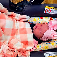 Willow is registered to the contest to win money with this photo: newborn, baby, sleeping, car_seat, infant, pink_bow, blanket, floral_pattern, portrait, face, closed_eyes, indoors, wood_floor, baby_clothing, headband, cushion,  안전, photography, cozy, text_overlay