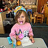 Sophia joined the competition — help win amazing prizes! child, girl, birthday, party_hat, cupcake, frosting, tongue, smiling, pink_shirt, cartoon_shirt, classroom, table, snacks, orange, napkin, indoor, celebration, seated, portrait, playroom