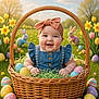 baby, basket, easter_eggs, grass, flowers, daffodils, tulips, bunny, headband, blue_dress, smile, outdoor, spring, sunshine, greenery, cute, child, nature, celebration, holiday