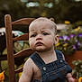 baby, background_blur, casual_clothing, child, closeup, cute, daylight, denim_overalls, flowers, garden, greenery, infant, nature, outdoor, person, plant, portrait, serious_expression, summer, wooden_chair