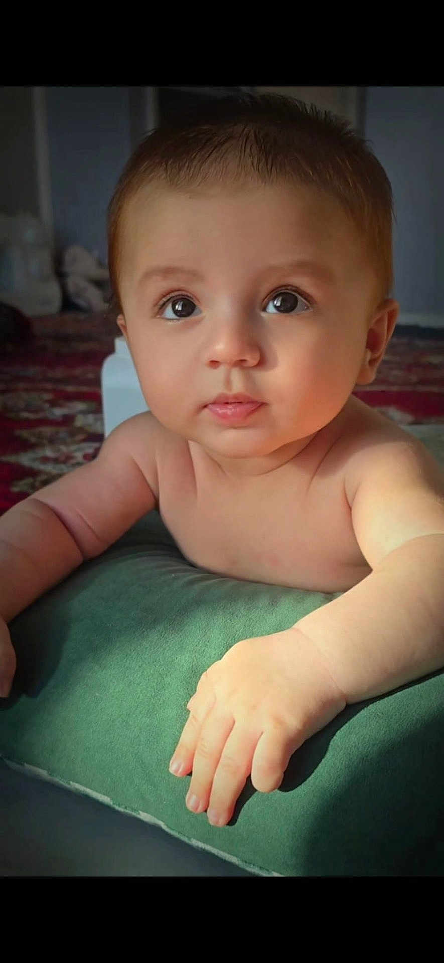 Zaid Safi a rejoint le concours — aidez-le/la à gagner de superbes lots ! baby, infant, child, portrait, face, eyes, hands, arm, pillow, cushion, carpet, indoor, soft_light, cheeks, closeup, gaze_up, curious_expression, skin, cute, sitting