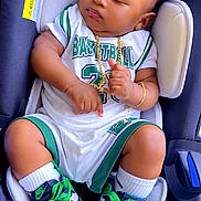 Leejayson Junior joined the competition — help win amazing prizes! baby, sleeping, car_seat, basketball_outfit, nike_shoes, green_laces, gold_necklace, gold_bracelet, white_socks, curly_hair, child, footwear, infant, cute, portrait, fashion, accessories, relaxing, indoor, toddler