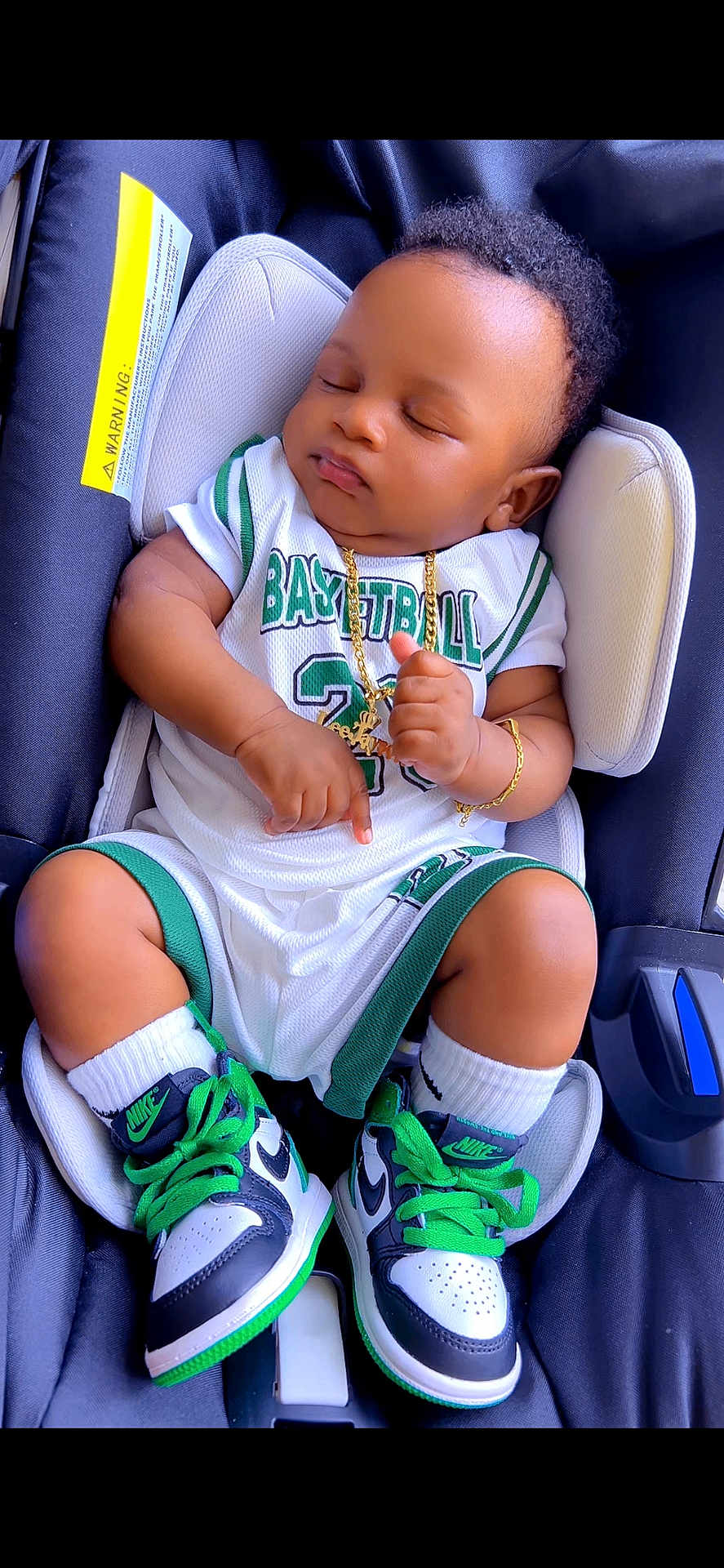 Leejayson Junior joined the competition — help win amazing prizes! baby, sleeping, car_seat, basketball_outfit, nike_shoes, green_laces, gold_necklace, gold_bracelet, white_socks, curly_hair, child, footwear, infant, cute, portrait, fashion, accessories, relaxing, indoor, toddler