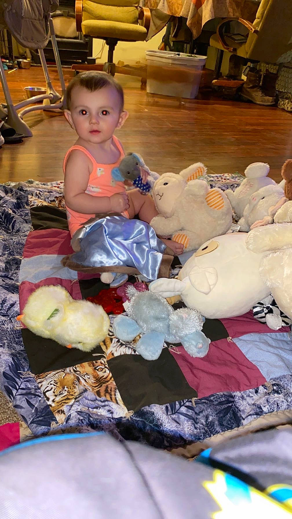 Zoe joined the competition — help win amazing prizes! baby, baby_toddler_clothing, chair, cheek, child, event, flooring, fun, fur, head, people, person, sitting, skin, smile, snapshot, stuffed_toy, teddy_bear, textile, toddler