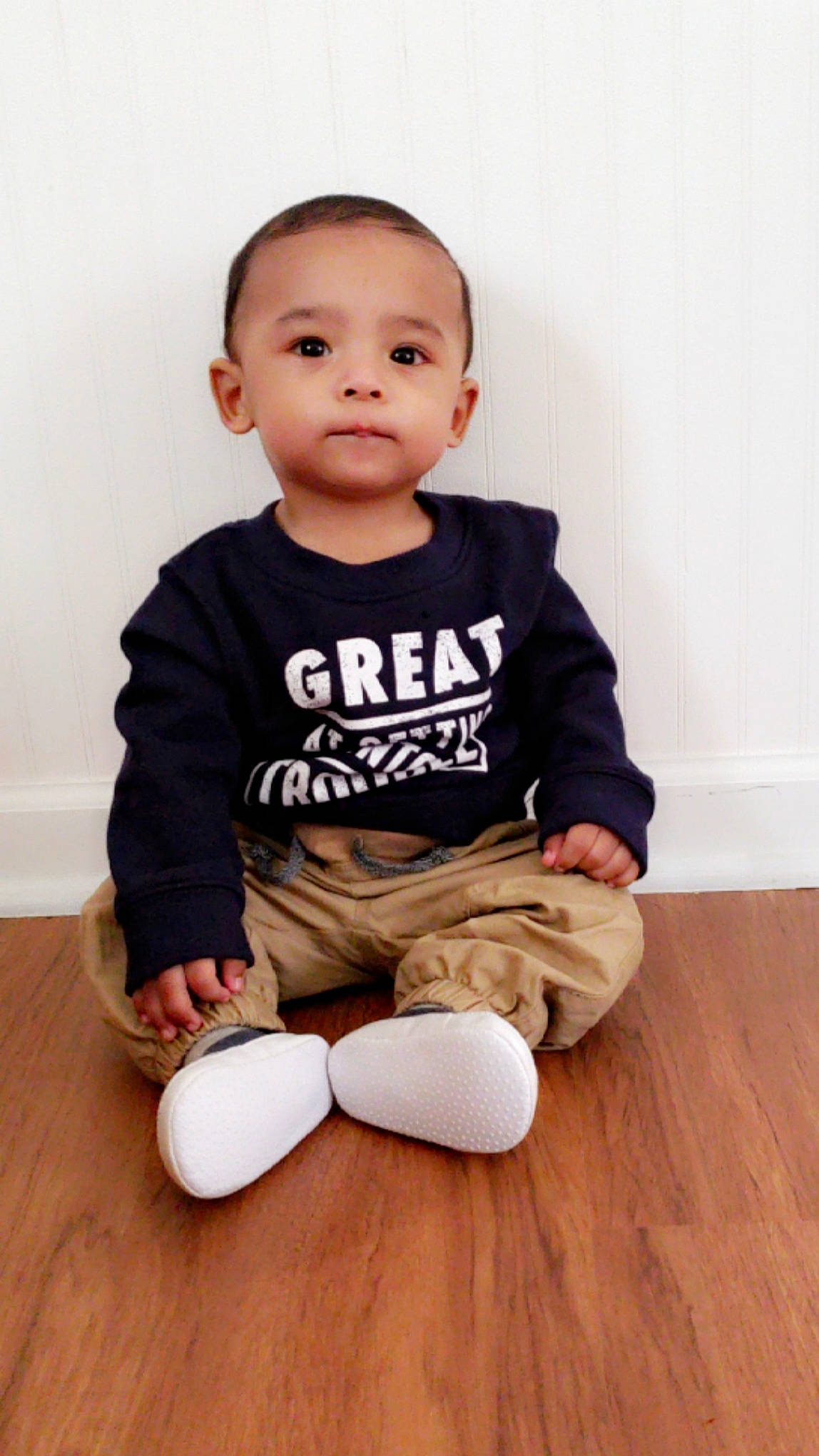 Santiago joined the competition — help win amazing prizes! arm, boy, child, floor, flooring, infant, leg, person, product, shoe, sitting, sleeve, standing, t_shirt, toddler