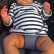 Ashley joined the competition — help win amazing prizes! baby, child, stroller, bow, hat, striped_shirt, socks, legs, hands, face, blue_eyes, clothing, infant, cute, outdoor, seatbelt, casual, portrait, skin, expression