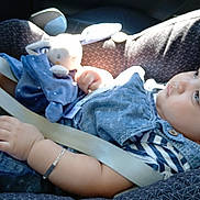 Sajid participe au concours pour gagner de l'argent avec cette photo : baby, car_seat, toy, stuffed_animal, bunny, child, seatbelt, denim, bracelet, striped_shirt, white_shoes, black_hair, side_view, sitting, indoors, sunlight, safety, resting, infant, portrait