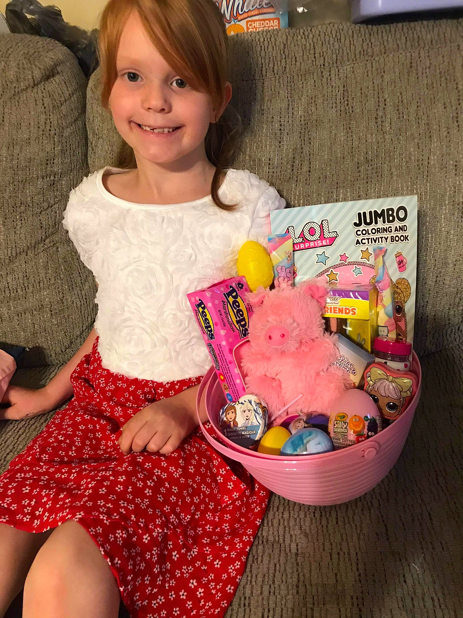 Alexis joined the competition — help win amazing prizes! baby_toddler_clothing, basket, child, dessert, event, fashion_accessory, food, happy, human_leg, joy, magenta, pattern, person, pink, recipe, sitting, sleeve, smile, sweetness, textile