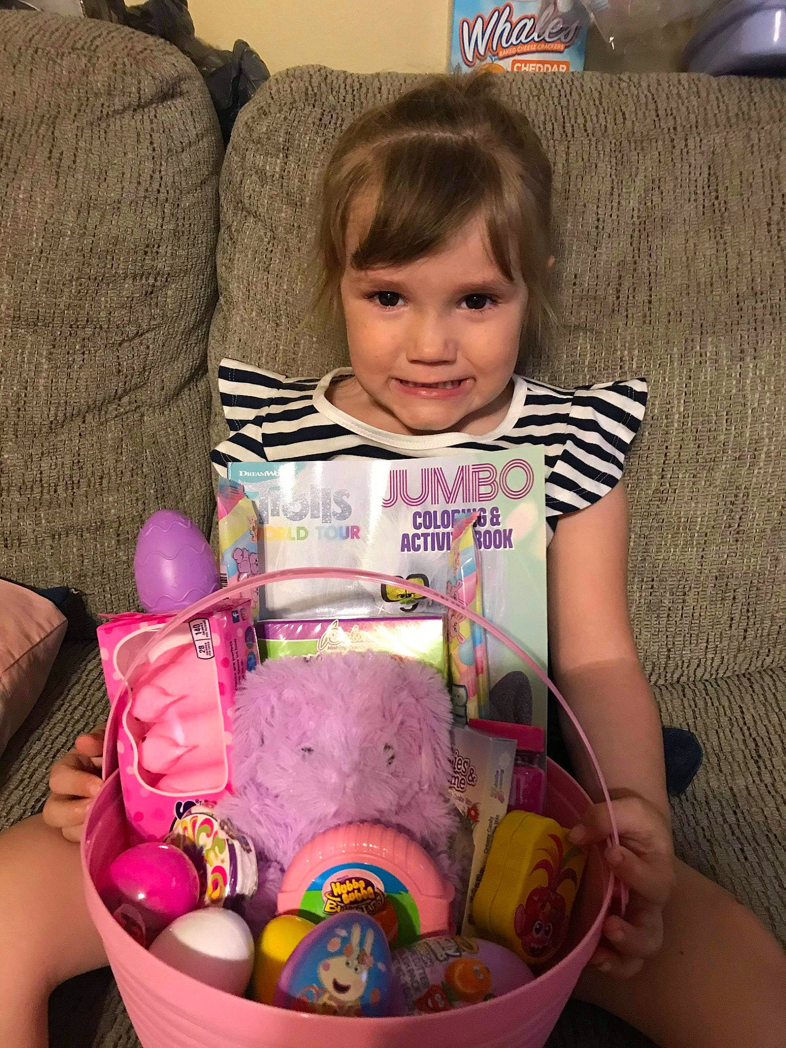 Ava joined the competition — help win amazing prizes! baby, baby_products, baby_toddler_clothing, basket, box, cheek, child, comfort, couch, fun, happy, joy, lap, organ, person, play, sharing, sitting, smile, sock