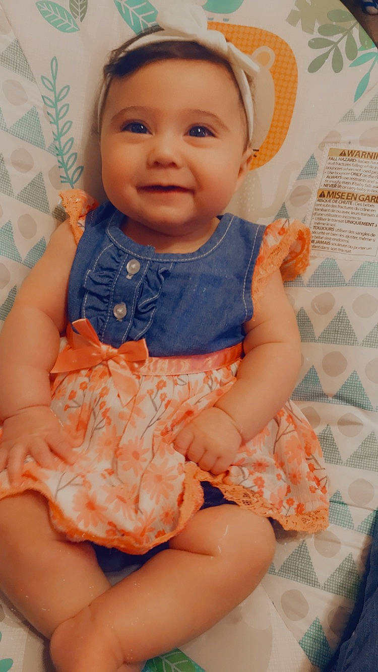 Gigi joined the competition — help win amazing prizes! baby, baby_toddler_clothing, beauty, cheek, child, dress, finger, hand, happy, head, iris, joy, neck, pattern, person, pink, skin, sleeve, smile, thigh