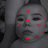 Westley joined the competition — help win amazing prizes! baby, face, red_hearts, digital_filter, black_and_white, tongue_out, adult_arm, close_up, skin, person, portrait, eyelashes, expression, head, child, indoors, cute, love, affection, family