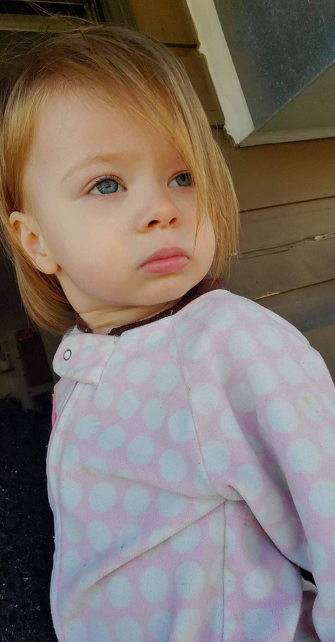 Amelia is registered to the contest to win money with this photo: baby_toddler_clothing, bangs, blond, brown_hair, cheek, collar, day_dress, dress_shirt, eyelash, iris, lip, neck, nose, pattern, person, pink, shoulder, skin, sleeve, t_shirt