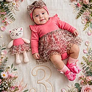 Madison Maravilla is registered to the contest to win money with this photo: baby, infant, three_months_old, portrait, smiling, pink_outfit, headband, bow, dress, socks, shoes, plush_toy, cat_toy, flowers, floral_arrangement, blanket, milestone_photo, number_three, indoor, lying_down