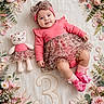 baby, infant, three_months_old, portrait, smiling, pink_outfit, headband, bow, dress, socks, shoes, plush_toy, cat_toy, flowers, floral_arrangement, blanket, milestone_photo, number_three, indoor, lying_down