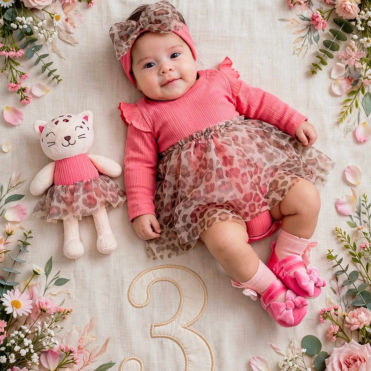 Madison Maravilla is registered to the contest to win money with this photo: baby, infant, three_months_old, portrait, smiling, pink_outfit, headband, bow, dress, socks, shoes, plush_toy, cat_toy, flowers, floral_arrangement, blanket, milestone_photo, number_three, indoor, lying_down