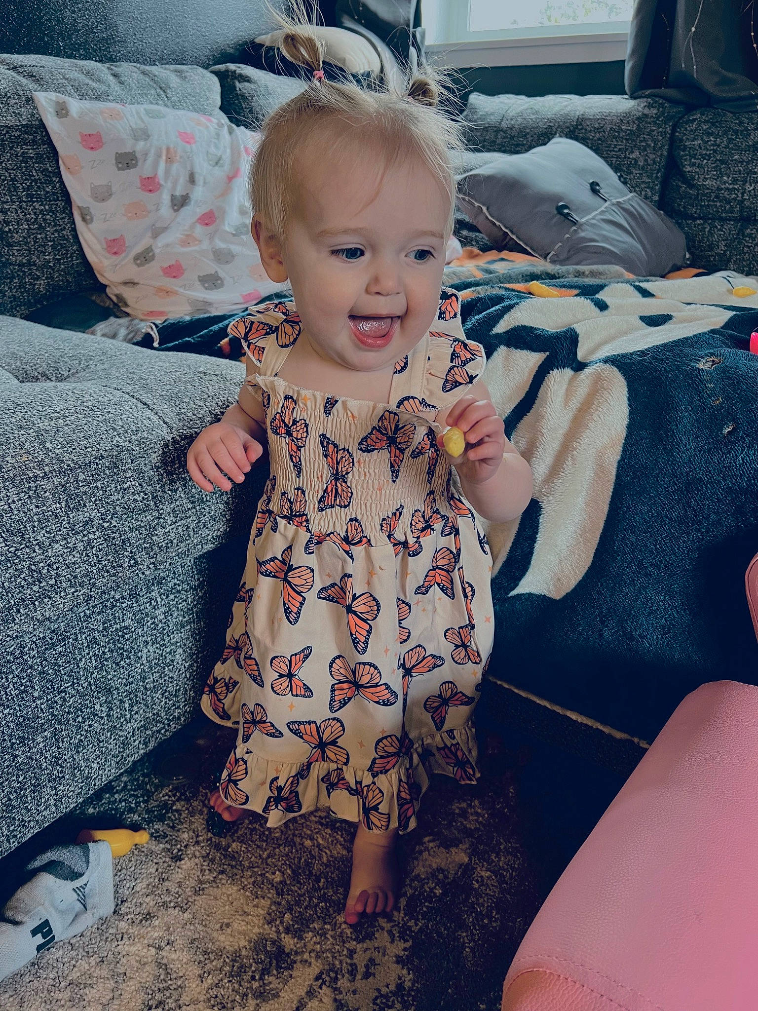 Weslynn is registered to the contest to win money with this photo: baby, baby_toddler_clothing, child, comfort, cool, couch, facial_expression, fun, hairstyle, happy, human_leg, linens, pattern, person, skin, sleeve, smile, thigh, tints_and_shades, toddler