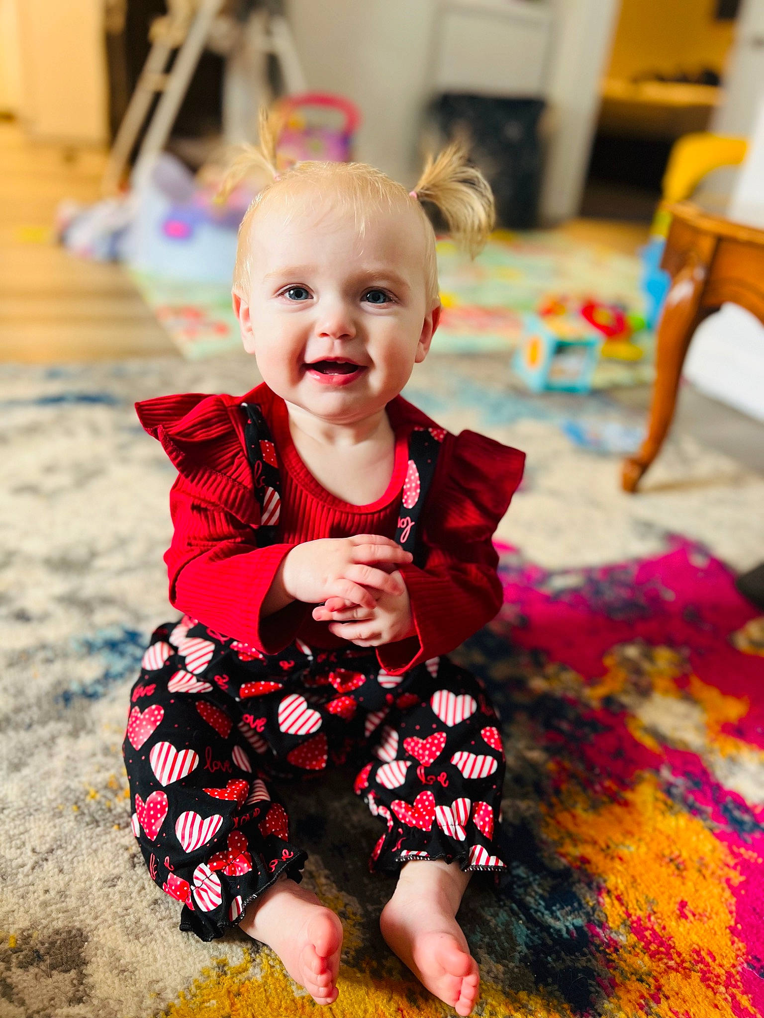 Weslynn joined the competition — help win amazing prizes! baby, baby_toddler_clothing, child, dress, flooring, fun, happy, iris, magenta, pattern, people_in_nature, person, pink, purple, sitting, skin, sleeve, smile, standing, tints_and_shades