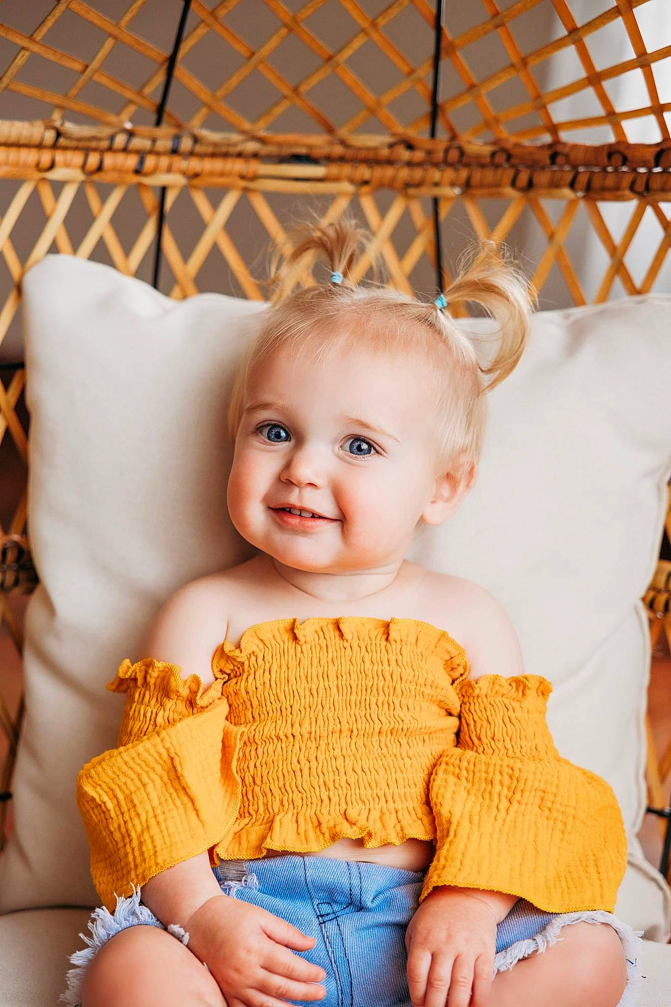 Weslynn joined the competition — help win amazing prizes! azure, baby, baby_toddler_clothing, blue, chair, child, comfort, eye, happy, human_body, joy, orange, people, person, product, skin, sleeve, smile, tableware, textile