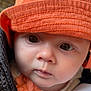 Freya joined the competition — help win amazing prizes! baby, infant, face, hat, orange_hat, close_up, curious_eyes, soft_lighting, skin, child, young_child, portrait, headwear, cute, apparel, fabric, texture, person, outdoor, baby_clothes