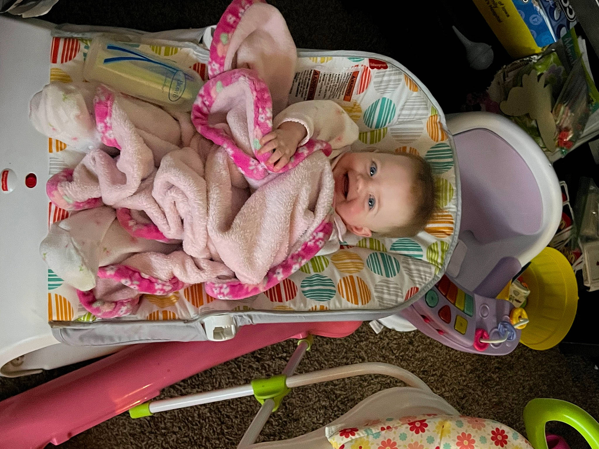 Aurora is registered to the contest to win money with this photo: baby, baby_products, baby_toddler_clothing, baby_toys, chair, child, comfort, joy, linens, person, pink, plastic, room, stuffed_toy, tableware, textile, toddler, toy