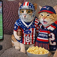 Tommy is registered to the contest to win money with this photo: cat, football, helmet, scarf, popcorn, television, sports, jersey, couch, orange_cat, tabby_cat, patriotic, american_flag, indoor, watching, costume, cute, animal, team_spirit, relaxing