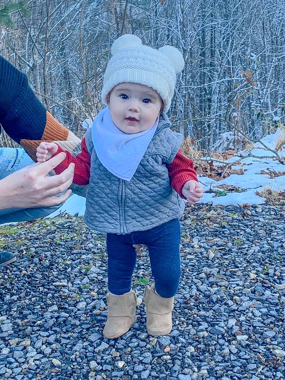 Jessa joined the competition — help win amazing prizes! blue, cap, child, electric_blue, freezing, fun, gesture, grass, hand, happy, headwear, human_body, leg, leisure, people_in_nature, person, plant, recreation, snow, toddler