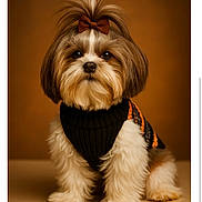Ollie Lou is registered to the contest to win money with this photo: adorable, animal, background, bow, brown, cozy, cute, dog, fashion, fluffy, fur, groomed, indoor, pet, portrait, posing, small_dog, studio, sweater, white