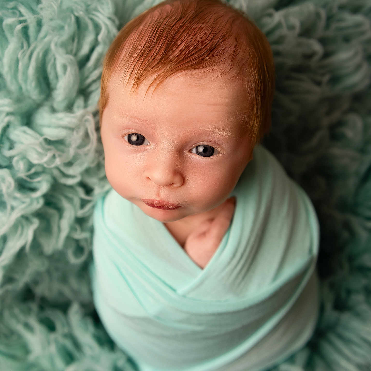 Oakley is registered to the contest to win money with this photo: baby, blanket, child, close_up, cozy, cute, expression, face, gaze, head, indoors, infant, mint_green, newborn, portrait, skin, soft_texture, swaddle, wrapped, young
