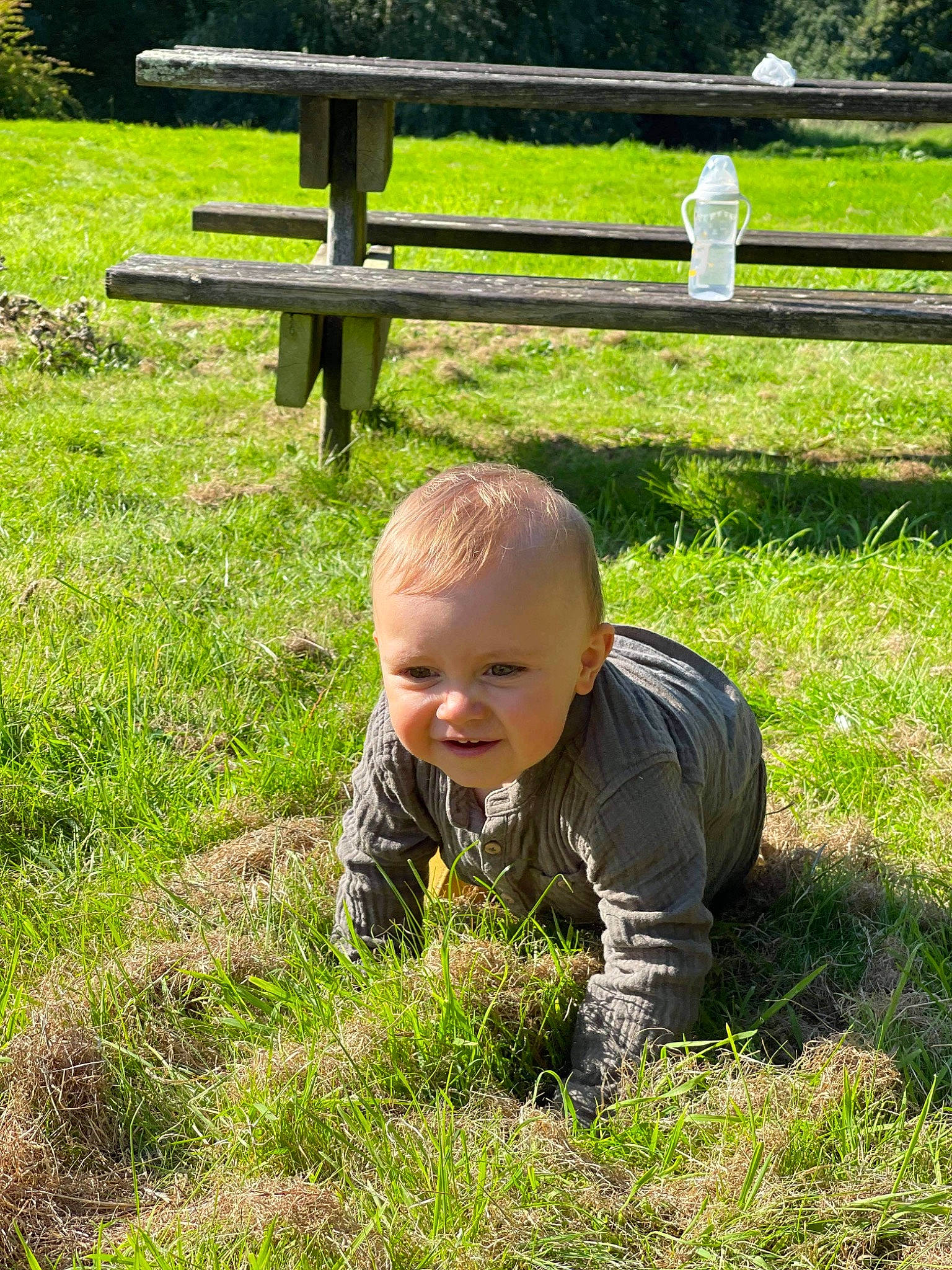 Malcolm a rejoint le concours — aidez-le/la à gagner de superbes lots ! baby, baby_laughing, baby_toddler_clothing, botany, fence, grass, grass_family, grassland, green, groundcover, happy, joy, landscape, lawn, meadow, outdoor_bench, people_in_nature, person, plant, smile