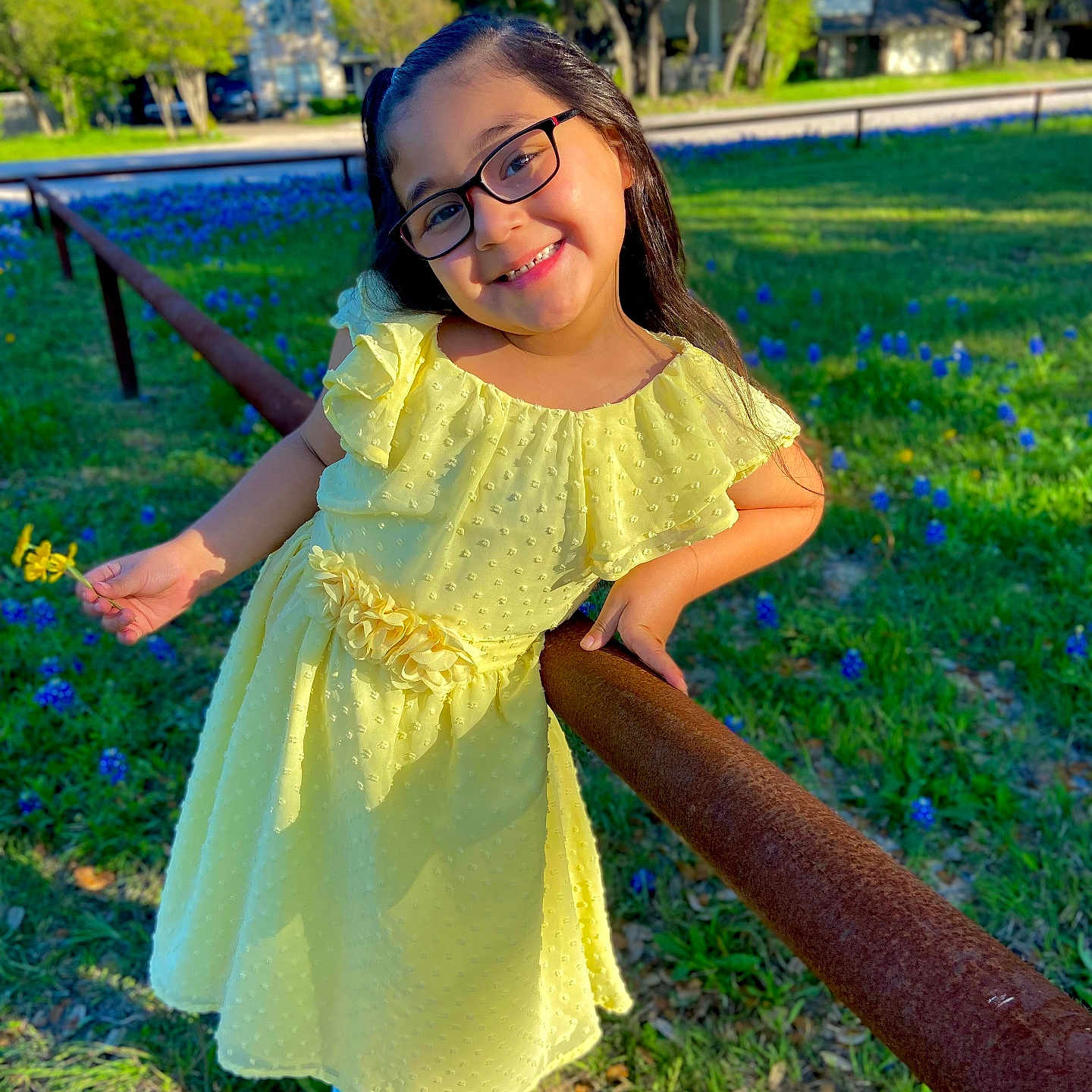 Melanie joined the competition — help win amazing prizes! accessories, blouse, child, clothing, dress, face, female, girl, glasses, grass, head, lawn, nature, outdoors, park, person, photography, plant, portrait, tree